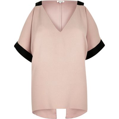 Light pink contrast cold shoulder blouse